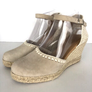 PASEART‎ Suede Espadrilles Sz 39 Light Beige Wedge Ankle Strap Shoes Spain Heels